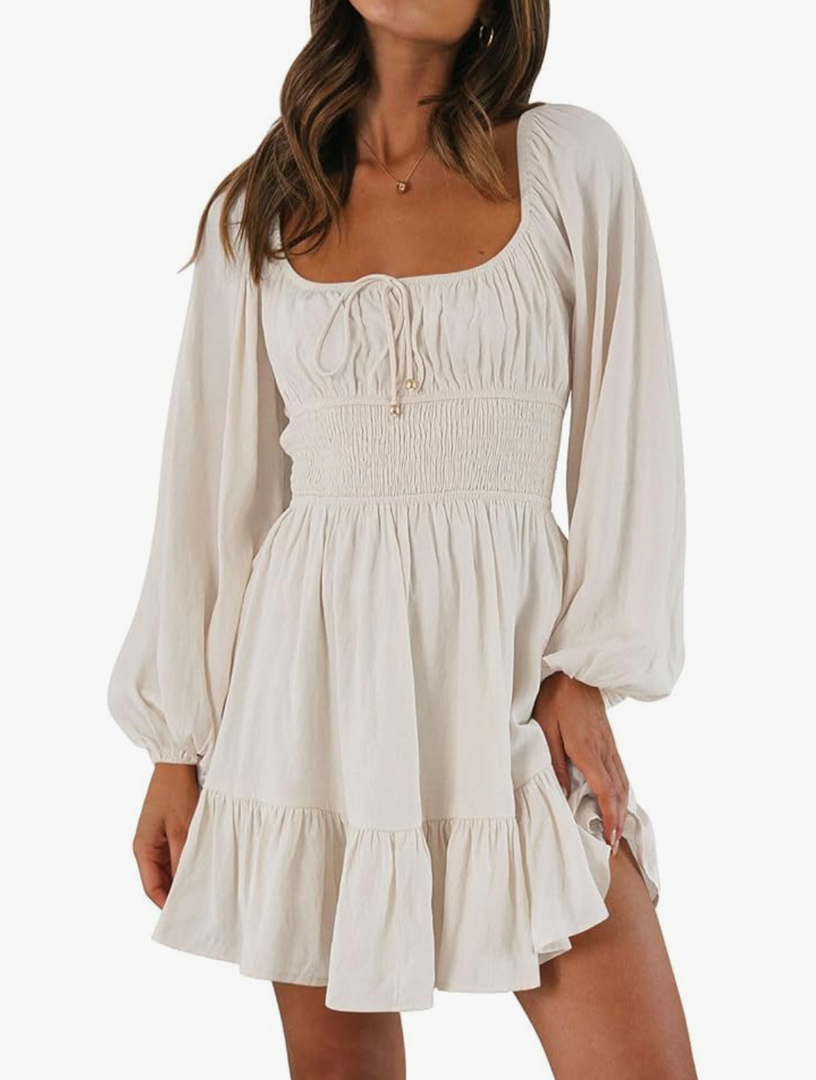 LILLUSORY Women's Long Sleeve Mini Cottagecore Dresses 2025 Summer Square Neck Casual Flowy Short Dress Spring Outfits S