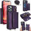 Phone Case for iPhone 12 Pro Max 6.7 Wallet Detachable Cover and Screen Protector Compatible with MagSafe Crossbody Lanyard Strap RFID Blocking Flip iPhone12promax 12pro Promax Women Men Dark Purple