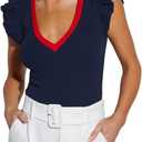 BONITEE Women Summer Ruffle Tops Sexy Deep V Neck Short Sleeve Shirts Trendy Casual Ribbed Slim Fitted Knit Tees Blouse (Large)