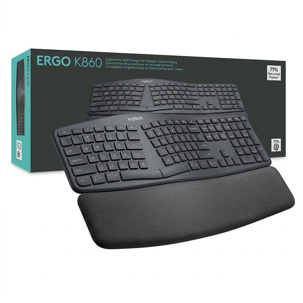 Logitech ERGO K860 Wireless Ergonomic Keyboard, Split Wave Design, Cushioned Wrist Rest, Dual Bluetooth/USB Connectivity, Multi-Device Pairing, Graphite