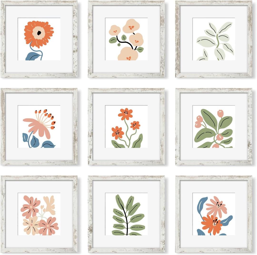 12x12 Picture Frame Set of 9, Photo Gallery Wall Frame Set, Display Pictures 8x8 with Mat or 12 x 12 Without Mat, Square Frame Picture Frames Collage Wall Decor, Distressed White