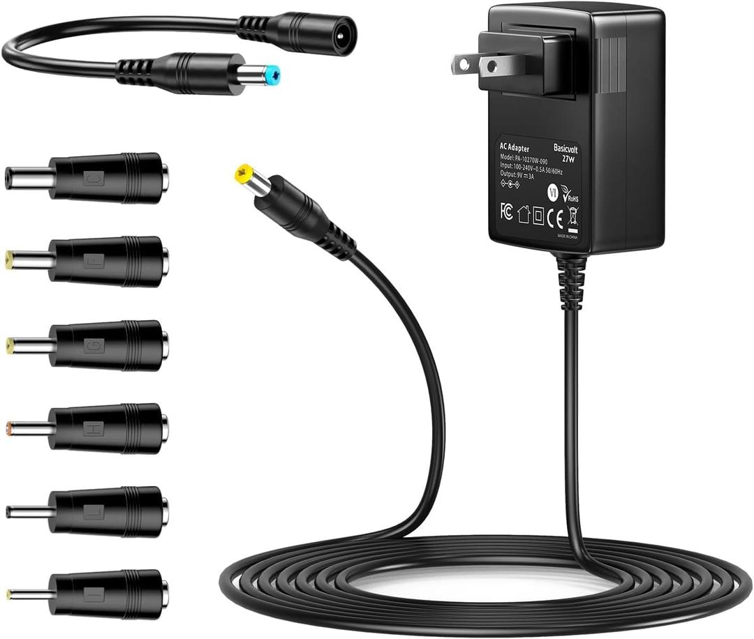 9V 3A Power Power Supply with Reverse Polarity Cable and Barrel Plugs, DC 9V Power Cord 9 Volt 3 Amp 2A 1A AC Adapter Charger for Speakers Record Player