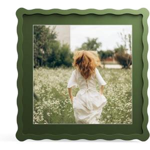 12x12 Picture Frame with Mat for 10x10, Wavy Edge Wooden Real Glass Photo Frame for Wall Hanging, Green, 1 Pack