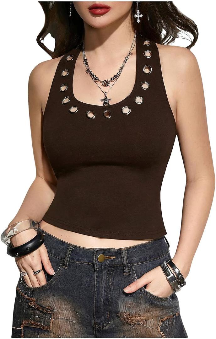MakeMeChic Women's Y2k Grommet Eyelet Halter Tank Tops Going Out Backless Sleeveless Tops Basic Cami Crop Streetwear, XL