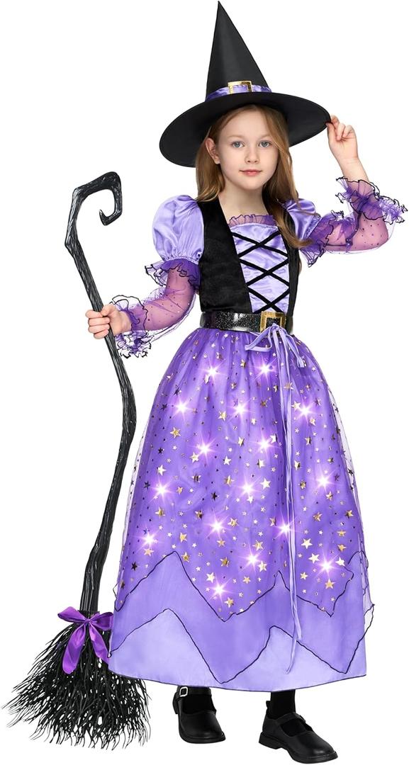 Spooktacular Creations Girls Witch Costume, Light up Witch Costume Kids, Starry Dress for Child Halloween Role Play Parties (Small(5-7 yrs), Purple)