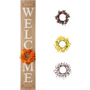 Glitzhome 60”H Welcome Sign with 4 Interchangeable Floral Wreaths for Front Door Porch Farmhouse Wooden Hanging Wall Sign for Seasons Spring Fall Harvest Thanksgiving Christmas
