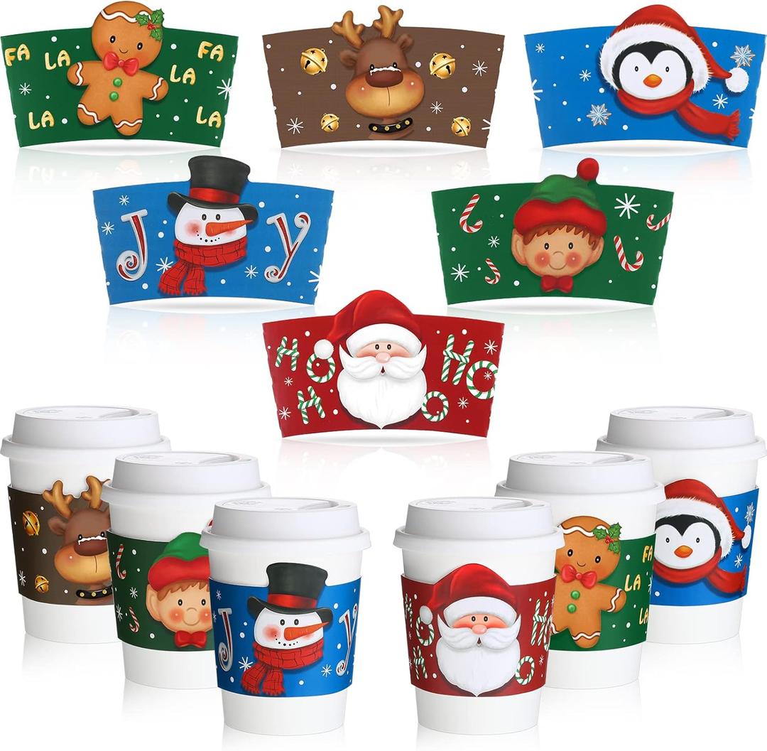 Faccito 48 Pieces Christmas Coffee Cup Sleeves Bulk for 12 oz, 16 oz Christmas Disposable Corrugated Paper Cup Sleeves with Snowman Santa Reindeer Pattern for Tea Hot Chocolate Cocoa Cold Beverage
