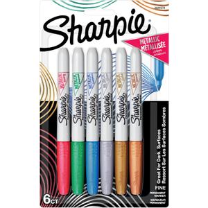 Sharpie Metallics Permanent Markers, Fine Tip, Assorted Colors, 6 Pack