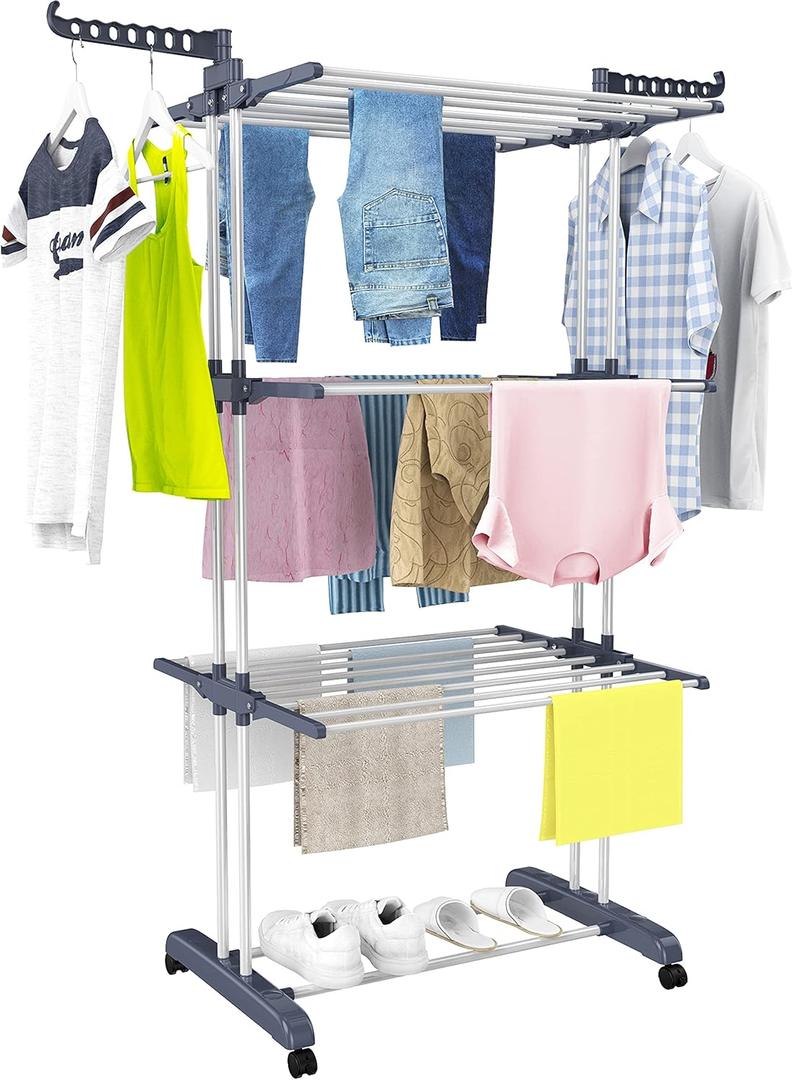 HOMIDEC Clothes Drying Rack, Oversized 4-Tier(67.7" High) Foldable Stainless Steel Drying Rack Clothing, Movable Drying Rack with 4 castors, 24 Drying Poles and 14 Hooks for Bed Linen, Clothing, Grey (Gray)