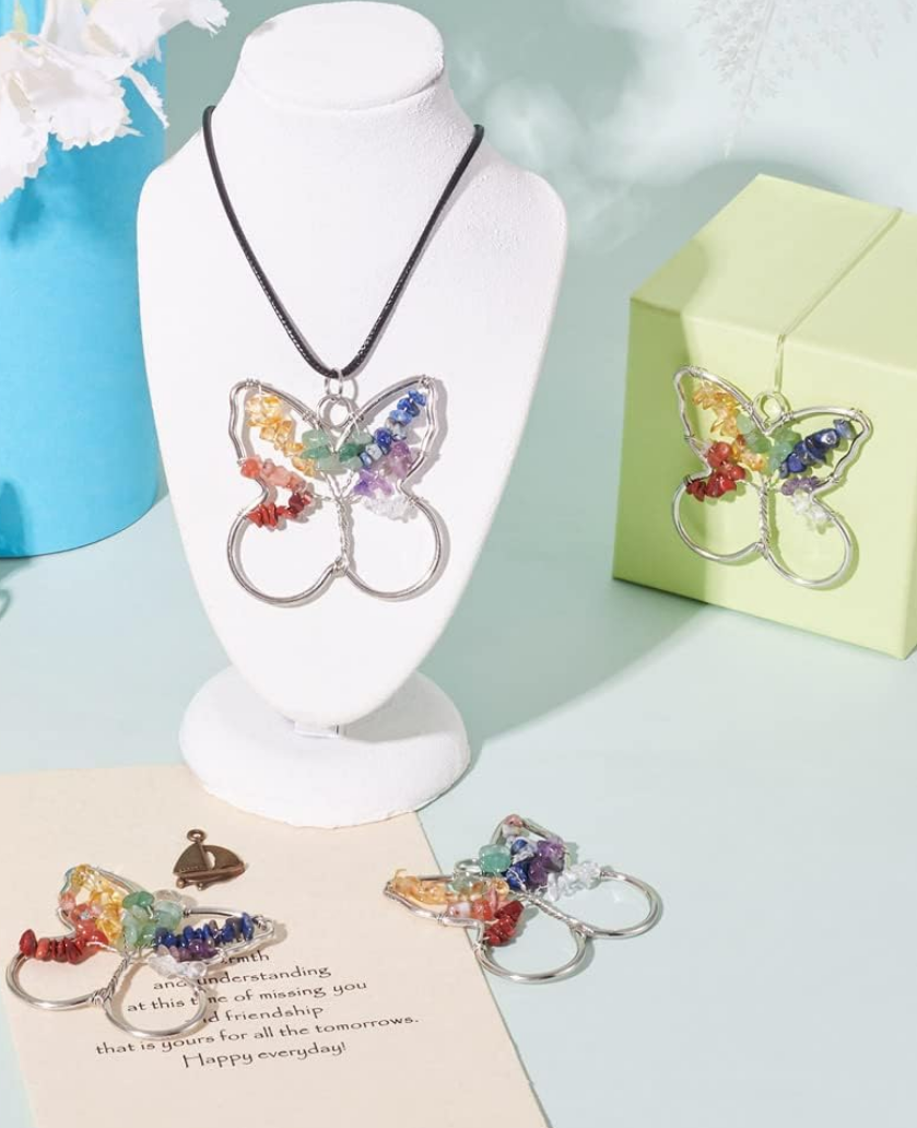 Fashewelry 4pcs 7 Chakra Tree of Life Pendant Crystal Quartz Pendants Butterfly Platinum Wire Wrapped Healing Reiki Charms for DIY Jewelry Necklace Bookmark Making Yoga Meditation