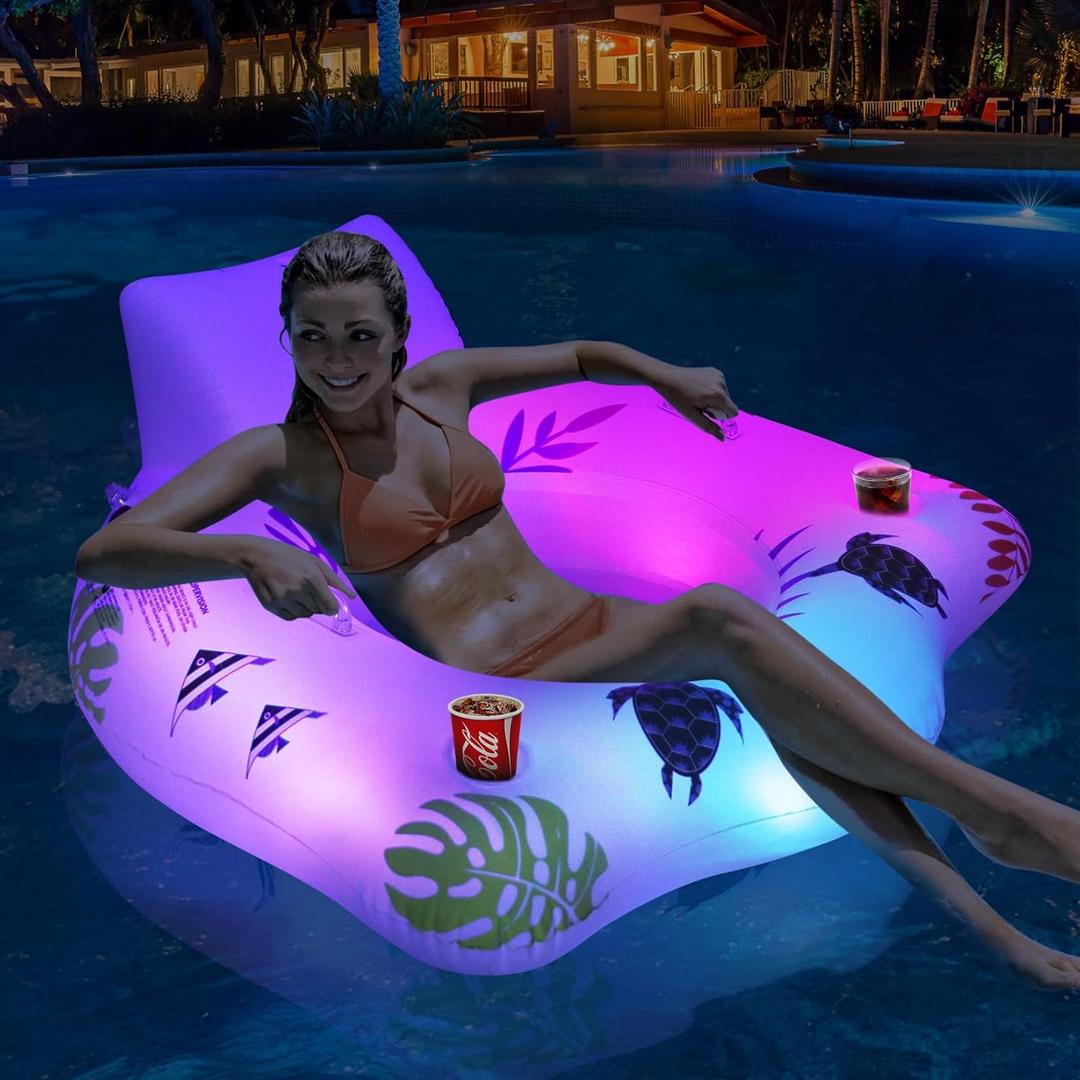 DeeprBlu Inflatable Pool Floats Chair with Color Changing Light, Solar Water Floats for Adults with 2 Cup Holders & 2 Armrests, Beach Float Pool Sofa, Pool Raft Lounge Pool Floaties for Adult