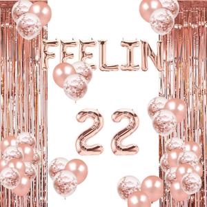 Funny 22 Balloons Rose Gold 22nd BDAY Party Decorations Sweet 22/Hello 22/Cheers to 22/22 & Fabulous/22nd Anniversary/Red Kissy Lips/Champagne Bottle Theme 22nd Birthday Party Supplies