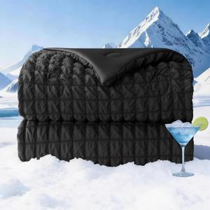 Seersucker Cooling Comforter King Size, Q-Max 0.45 Reversible Cooling Blanket for Hot Sleepers, Breathable Lightweight Silk Smooth Summer Bedding, Quilted Ice Blanket, Black