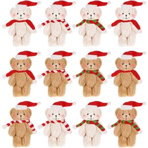 Shappy 12 Pcs Christmas Mini Stuffed Bears Bulk Small Stuffed Animals Keychain 6 Inch Plush Bear with Scarf Hat Tiny Doll for Birthday Christmas Party Decorations Craft(Classic)