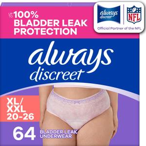 Always Discreet Adult Diapers for Women, Incontinence Underwear, Postpartum Essentials, Disposable Briefs, Max Absorbency, Bladder Leak Protection, Extra Large/XL, 64ct