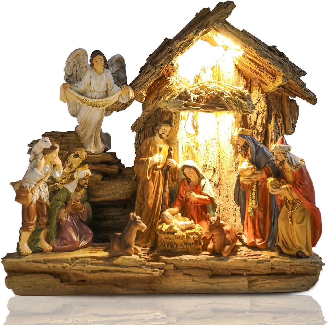 Bshine Christmas Manger Nativity Sets & Figure, 10.6x13.6 Nativity Scene Holy Family Angel and Baby Jesus, Christmas Indoor Decor Home Desktop Decor for Window Collectible Ornaments