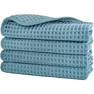 POLYTE 430 GSM Microfiber Lint Free Washcloth Face Towel, 13 x 13 in, 4 Pack (Waffle Weave)