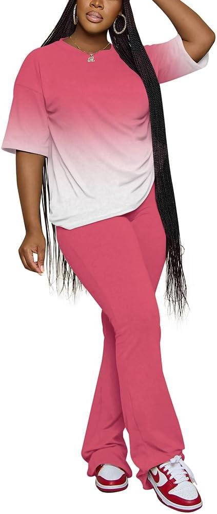 PINSV Women 2 Piece Outfits Short Sleeve Top and Flare Pants Lounge Sets Tracksuit (XXL)