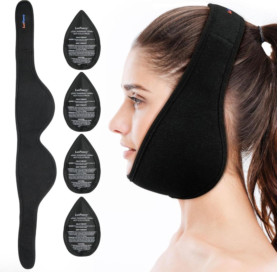 LotFancy Wisdom Teeth Ice Pack Head Wrap, Face Ice Pack for TMJ Jaw Toothache Pain Relief, with 4 Reusable Hot Cold Therapy Gel Packs, for Chin, Oral and Facial Surgery, for Kids, Teens, Petite Adults (Black(Small))