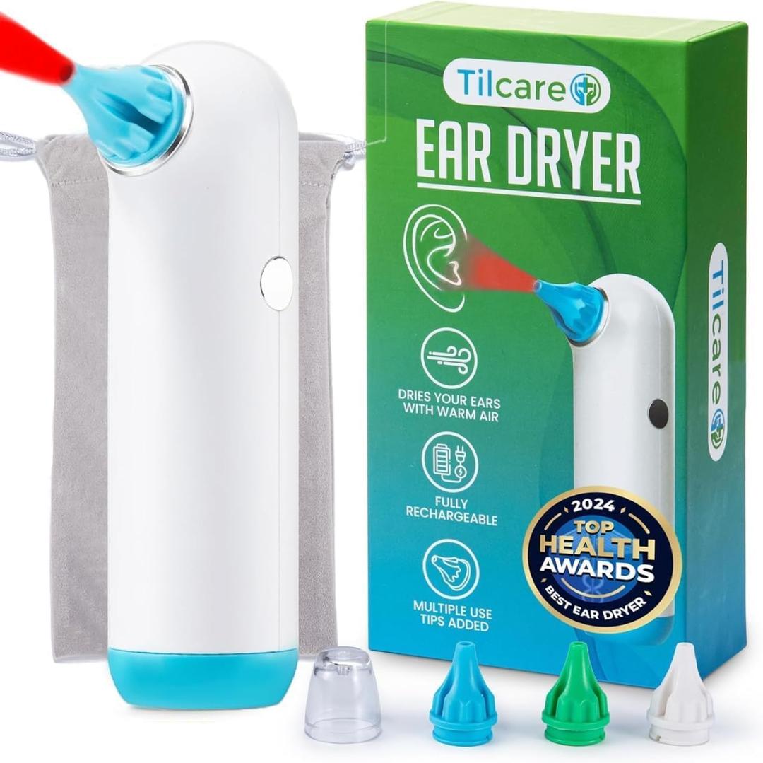 Electric Ear Dryer for Swimmers Ear by Tilcare - Rechargeable Ear Drying Water Remover for Swimming, Showering, and Hearing Aids - Comes with 3 Ear Drying Tips & Carrying Pouch