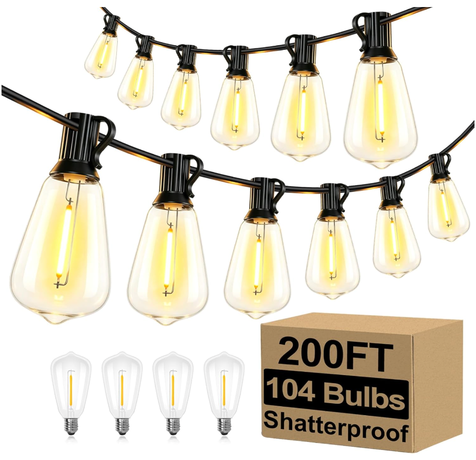 Brightever Outdoor String Lights 200FT Waterproof, Patio String Lights for Outside with 100+4 ST38 Shatterproof LED Filament Bulbs, Dimmable Hanging Lights for Christmas, Party, Cafe (2-Pack 100FT)
