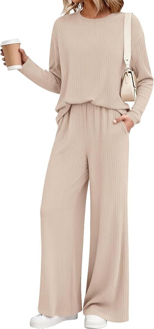 KIRUNDO Spring 2 Piece Lounge Sets for Women Long Sleeve Ribbed Knit Tops Wide Leg Pants Matching Travel Outfits Postpartum (Small, Beige)