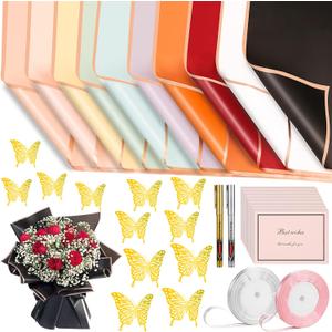 60 Sheets Gold Edge Flower Wrapping Paper, 10 Colors Bouquet Wrapping Paper Watertight Floral Wrapping, Florist Bouquet Supplies with Ribbon, Card, Butterfly Decor for DIY Gifts for Flower Shop