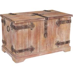 Household Essentials Decorative Trunk, Victorian, Large, Chinese Fir Wood, Aged-Wood Finish with Metal Accents, Fully Opening Lid, Stout Design, Ring Handles