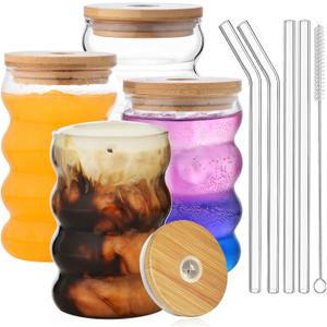 ALINK 16 oz Drinking Glasses with Lids and Straws Set of 4, 16 oz Wave Shape Bubble Glass Cups, Iced Coffee Glasses for Beer, Cocktail, Water Cups with Brush