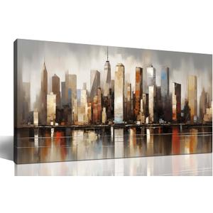 Fuwobriva Large Abstract Living Room Canvas Wall Art for Living Room Office Bedroom Wall Decor Modern Brown Grey City Night Scene Abstract Wall Art Print Paintings 20"x40", 20L" x 40W"