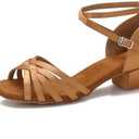 Yokala Ballroom Latin Salsa Dance Shoes Women Low Heel Practice Dancing Sandals for Social Dance Beginner S04 (8.5,Tan-1.5 Inch Heel)