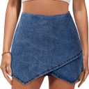 luvamia Jean Skorts for Woman High Waisted Pull On Stretchy Denim Wrap Skirt with Shorts Trendy Asymmetrical Skort (Large, Classic Blue)