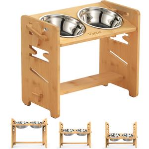 Vantic Elevated Dog Bowls, Adjustable Raised Dog Bowl Stand for Medium Sized Pet, Sturdy Bamboo Food Feeder with 2 Stainless Steel Dishes, Natural