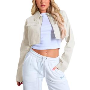 Women's Cropped Jacket Casual Zip Up Long Sleeve Lapel Crop Tops Jackets Coat (Beige, M)