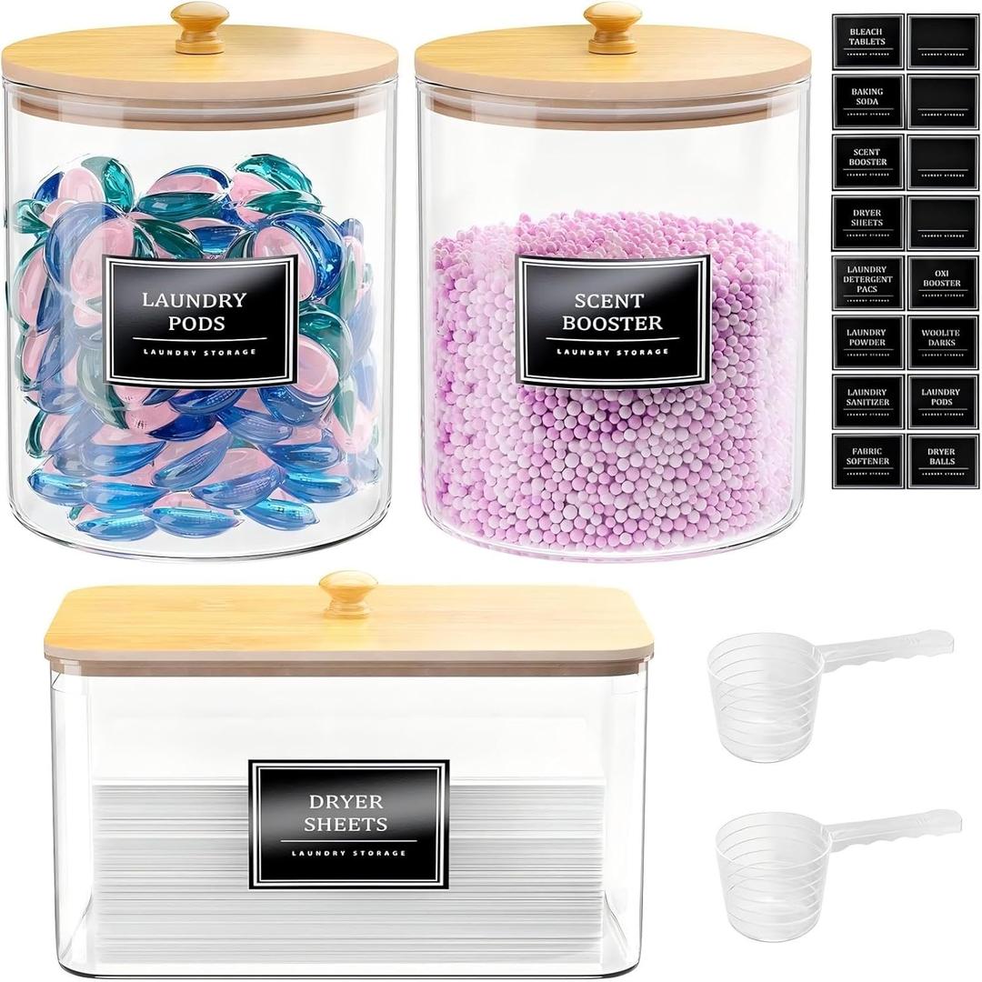 2+1 Pack Glass Laundry Pods Container & Acrylic Dryer Sheet Holder, Clear Laundry Room Organization Containers with Bamboo Lids & Labels, Powder Laundry Detergent Container for Scent Booster, Powder