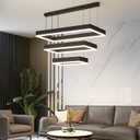 Modern Chandeliers for Living Dining Room, 3-Ring Rectangular LED Chandelier Light Fixture with Remote Control Dimming, Hanging Pendant Light with Adjustable Height, Black (15.7+23.6+31.4in)