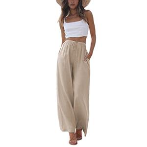 Faleave Women's Cotton Linen Summer Palazzo Pants Flowy Wide Leg Beach Trousers with Pockets (Khaki-S)