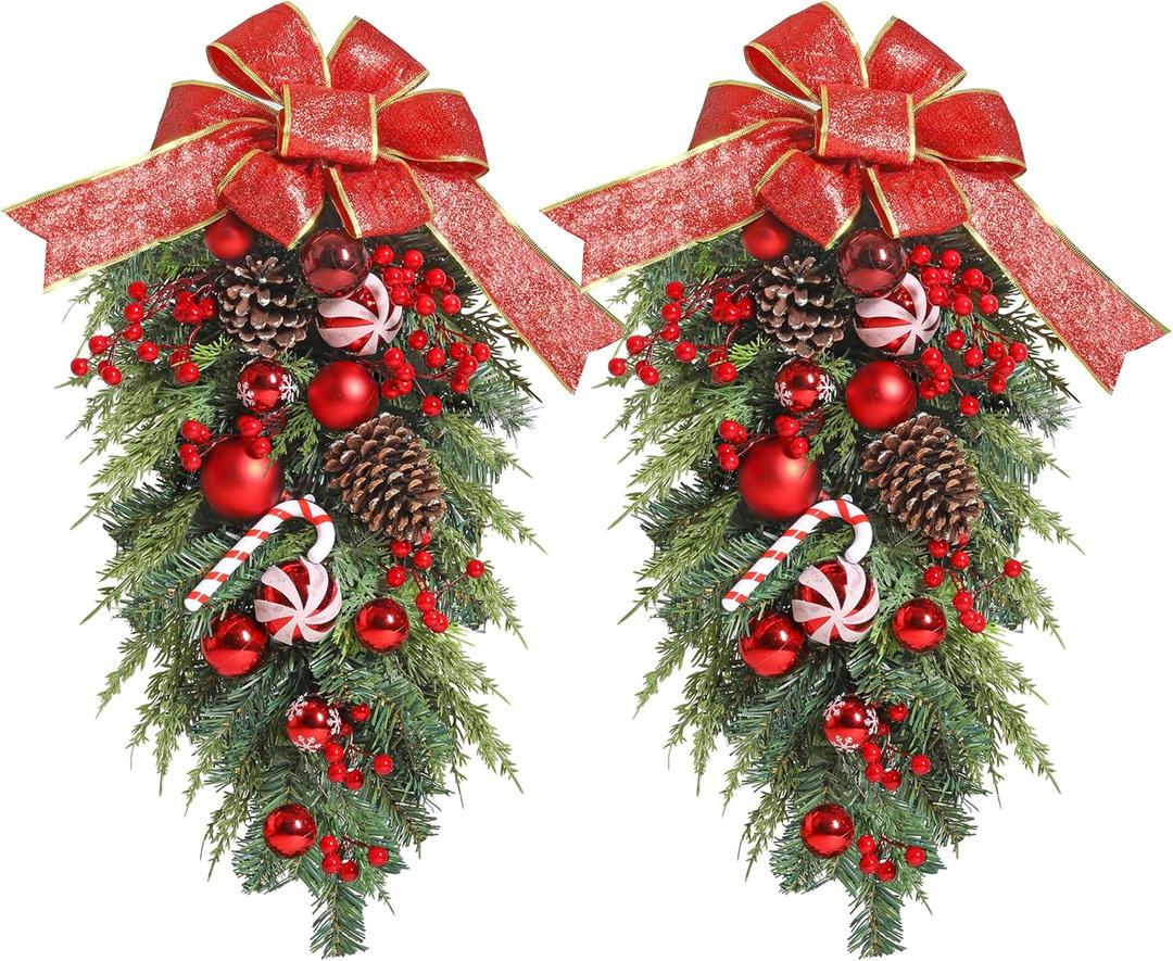 2Pack PreLit Christmas Teardrop Swags, 24 inch Christmas Stair Swags with Bowknot, Red Berries and Pinecone, Winter Pine Needles Swag for Front Door Wall Window Home Xmas Decor