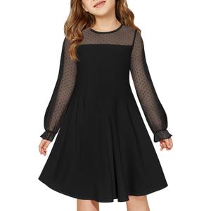 Haloumoning Girls Contrast Mesh Long Sleeve High Waist A Line Short Dress with Pockets (10-12 Years)
