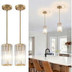 Gold Modern Crystal Pendant Lights Hanging Light Fixture, 2 Pack Pendant Lights Kitchen Island Adjustable Mini Pendant Lighting Fixtures for Kitchen Island Dining Room Hallway Bedroom