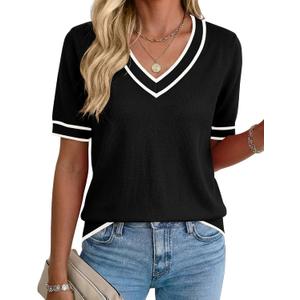 Rapbin Womens Short Sleeve Sweater Summer V Neck Tops Casual Knit Shirts Lightweight Pullover Top (Black, M)
