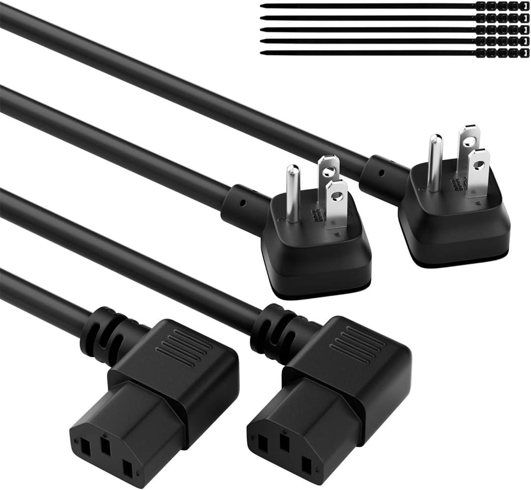 Elecan 3-Prong 45 Degree Flat to 90 Angled Plug Replacement Power Cord 7 Ft/2 Pack, Heatproof Flexible Durable AC Device Power Cable for Appliance Computer TV Monitor, ETL 18AWG 125V 10A