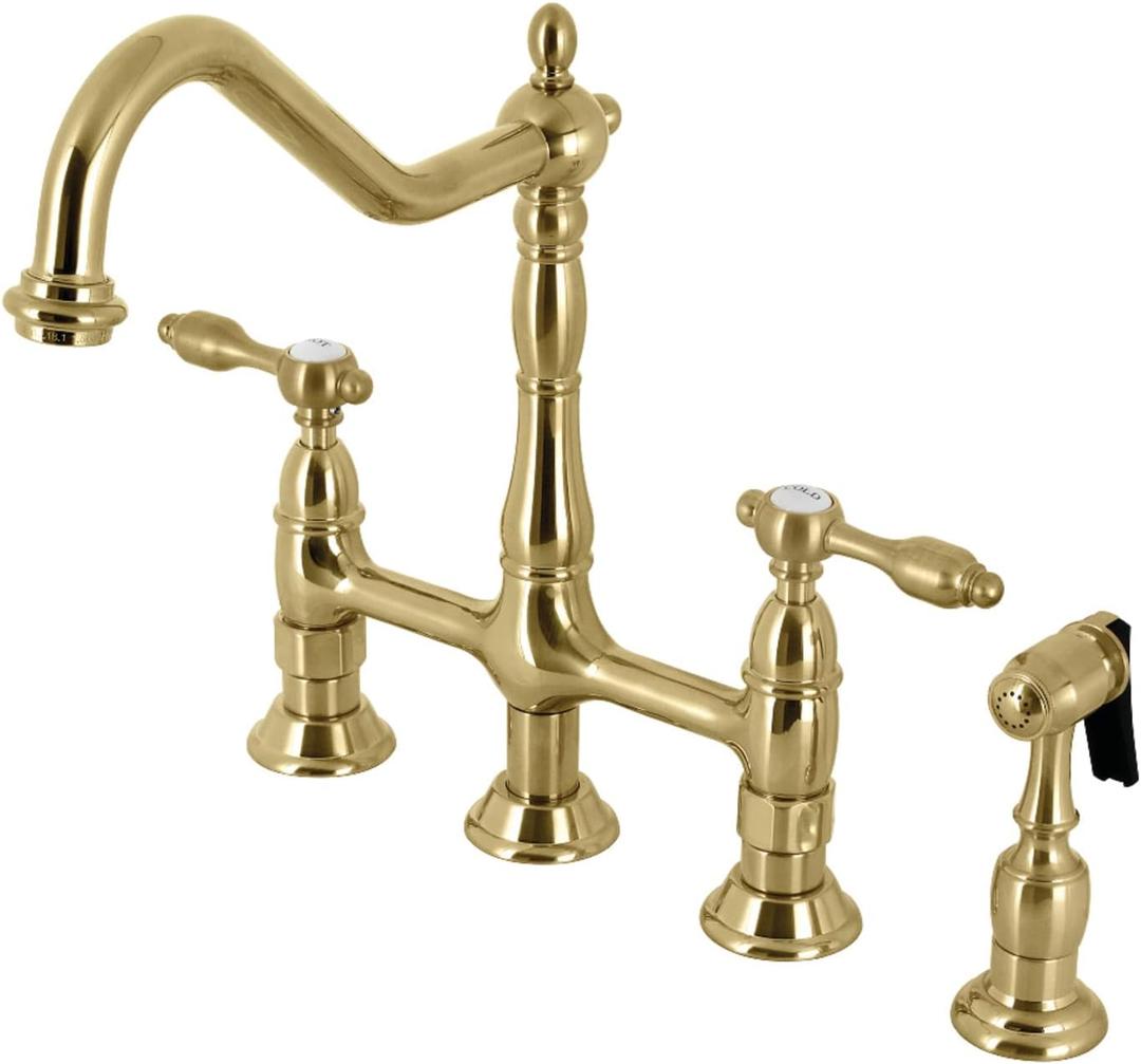 Kingston Brass KS1277TALBS Two-Handle 4-Hole Deck Mount Bridge Kitchen Faucet with Brass Sprayer in Brushed Brass