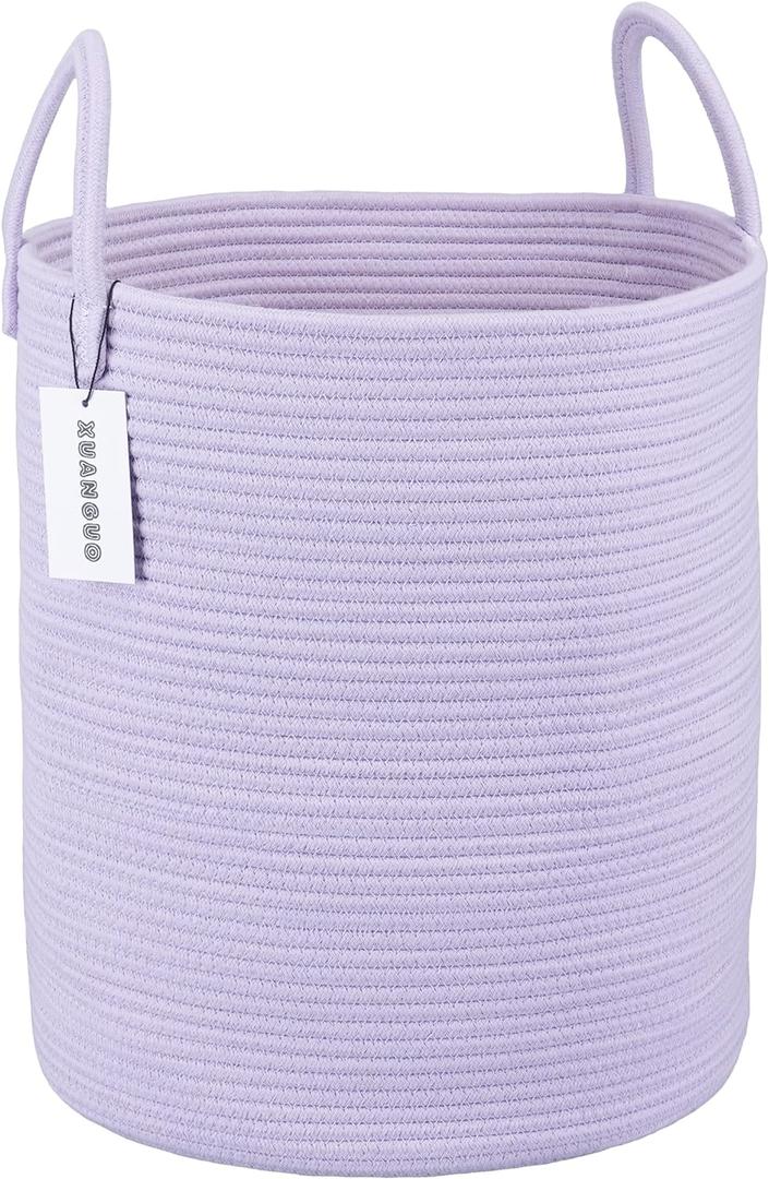 Rope Laundry Basket Hamper for Clothes Woven Storage Basket for Living Room Bedroom Boho Tall Rope Baskets for Blanket Toys Pillow Towels Baby Nursery Hamper Bin Large purple or lavender (Regular)