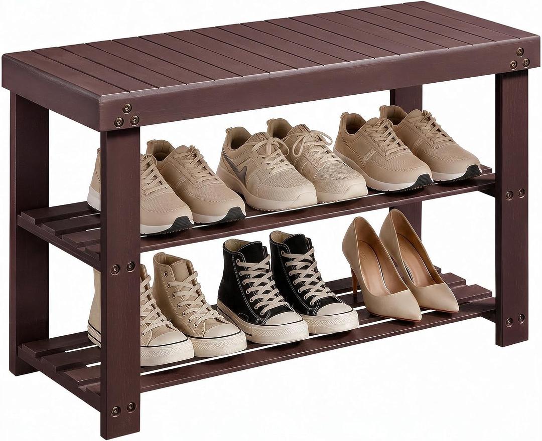 Amada 3 Tier Bamboo Shoe Rack Bench for Entryway, Living Room, Brown, 27.56 x 11.02 x 17.72 inches