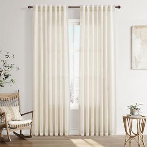 Joywell Natural Linen Curtains 90 Inches Long for Living Room 2 Panels Boho Cream Privacy Light Filtering Semi Sheer Curtain for Bedroom Farmhouse Neutral Drapes Window with Back Tab 52x90 Inch