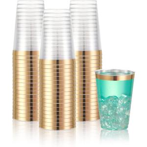 N9R 72PCS Gold Plastic Cups, 12OZ Clear Plastic Cups with Gold Rim, Disposable Cups Perfect for Parties, Wedding and Birthday