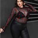 WDIRARA Women's Plus Size Floral Print Sheer Mesh Top Round Neck Long Sleeve Blouse (Black, XXXL)