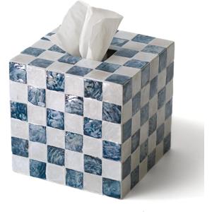 5.5" Square Tissue Box Cover, Handmade Checkered Cube Tissue Box Cover with Capiz Shells, Decorative Mother of Pearl Tissue Holder for Living Room, Bathroom, Bedroom or Office (Navy Blue)