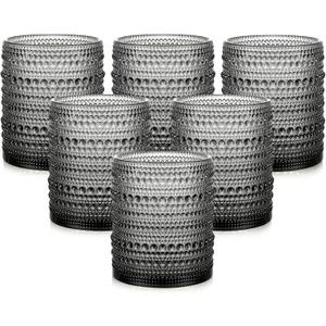 Vintage Glassware Drinking Glasses Set of 6,12 oz Hobnail Glass Cups,Embossed Grey Water Tumbler,for Beer,Cocktail,Whiskey,Juice and Various Mixed Drinks- 1 Cleaning Brush (Gray)